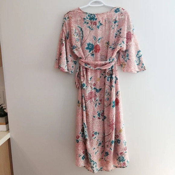 Anthropologie Maeve Adelaide Pink Wrap Midi Dress Short Sleeve Floral Small - Picture 5 of 16